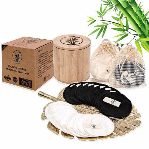 20x Reusable Bamboo Cotton Makeup Remover Pads by Healthy Family. ANTI-STAIN DESIGN. Set includes bamboo storage jar, 2x laundry & travel bags. Eco friendly, zero waste, biodegradable, washable