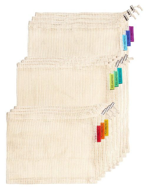 Colony Co. Reusable Produce Bags, Organic Cotton Mesh is Biodegradable, Machine Washable, Tare Weight on Label, Set of 9 Plastic-Free Packaging