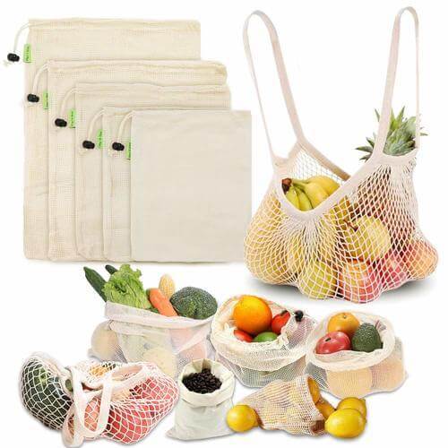 MAIKEHIGH Reusable Bags for Fruit and Vegetables – Cotton Mesh Produce Shopping Bag Set Organic Eco Friendly Washable
