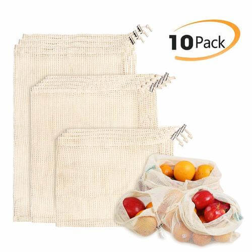 Mlife Reusable Produce Bags, Natural Organic Cotton Mesh Washable Eco Friendly Bags for Grocery Shopping Storage Fruit Vegetable Toys Set of 10