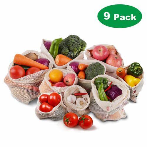 Roleadro Reusable Produce Bags with Drawstring 9PCS Organic Mesh Cotton Storage Bags for Grocery Vegetables Fruits Breathable Washable Saver Eco Food Bags