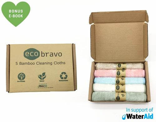 Eco Bravo Reusable Bamboo Fibre Kitchen Cleaning Cloth (5 Pack) - Bamboo Washcloth, Dish Towels - 100% Natural & Organic, Lint Free, Antibacterial Cloths, Plastic Free Packaging