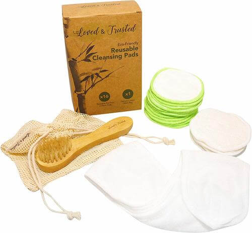 Loved & Trusted Make Up Remover Pads - Reusable Bamboo Cotton 16 Pack with Washbag, Headband and Natural Bristle Face Brush - Natural and Organic Facial Cleansing For All Skin Types - UK Company 