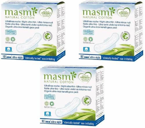 Masmi Ultra Thin Night Pads with Wings Individually Wrapped Organic Cotton, Hypoallergenic, 100% Biodegradable, Perfume, Viscose, Rayon, Chlorine and Dioxin Free