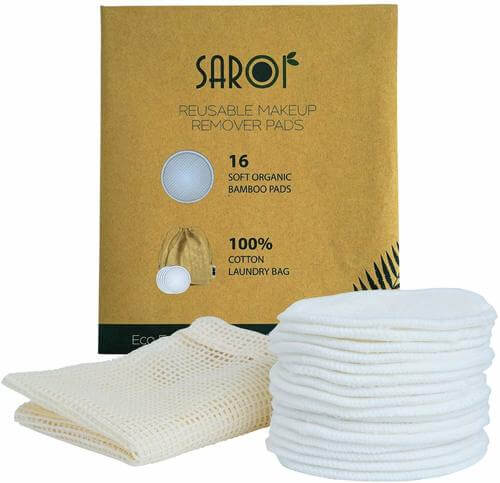 SAROI - Tampons démaquillants réutilisables | Lingettes de maquillage écologiques | Coton-tiges pour le nettoyage du visage | Emballage en papier kraft I avec un sac à linge et des tampons en coton réutilisables