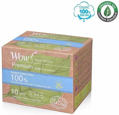 WOW Premium Organic Sanitary Pads 100% USDA Certified Cotton Large Pads, Ultra Slim Natural Sanitary Napkins with Wings 11-(28cm) 10 Pads Total for Sensitive Skin